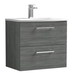 Arno 600mm Wall Hung 2 Drawer Vanity Unit with Curved Basin - Anthracite Woodgrain