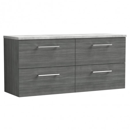 Arno 1200mm Wall Hung 4 Drawer Vanity Unit & Laminate Worktop - Anthracite Woodgrain/Bellato Grey