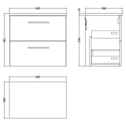 Arno 600mm Wall Hung 2 Drawer Vanity Unit with Laminate Top - Anthracite Woodgrain - Technical Drawing