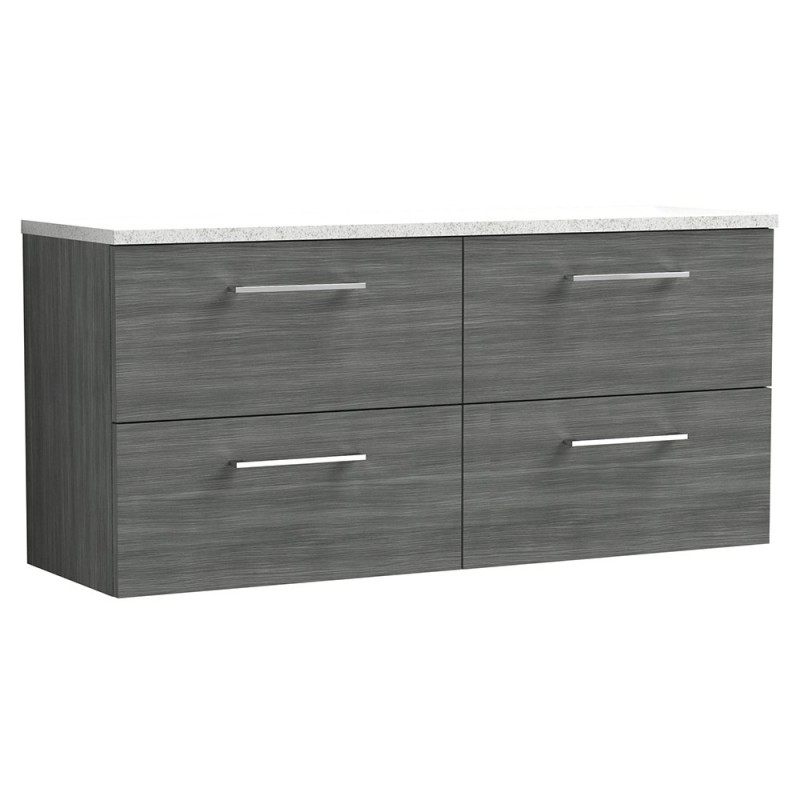 Arno 1200mm Wall Hung 4 Drawer Vanity Unit & Laminate Worktop - Anthracite Woodgrain/Sparkle White Arno 1200mm Wall Hung 4 Drawer Vanity Unit & Laminate Worktop - Anthracite Woodgrain/Sparkle White
