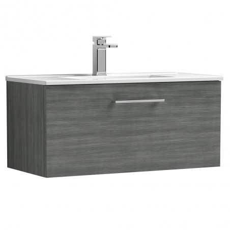 Arno 800mm Wall Hung Single Drawer Vanity Unit with Minimalist Basin - Anthracite Woodgrain