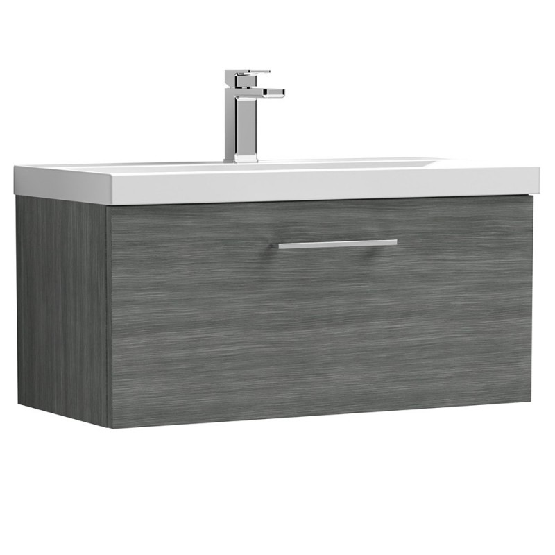Arno 800mm Wall Hung Single Drawer Vanity Unit with Thin-Edge Basin - Anthracite Woodgrain Arno 800mm Wall Hung Single Drawer Vanity Unit with Thin-Edge Basin - Anthracite Woodgrain