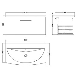 Arno 800mm Wall Hung Single Drawer Vanity Unit with Curved Basin - Anthracite Woodgrain - Technical Drawing