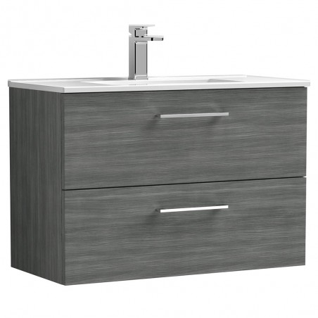 Arno 800mm Wall Hung 2 Drawer Vanity Unit with Minimalist Basin - Anthracite Woodgrain