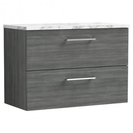 Arno 800mm Wall Hung 2 Drawer Vanity Unit & Laminate Worktop - Anthracite Woodgrain/Carrera Marble