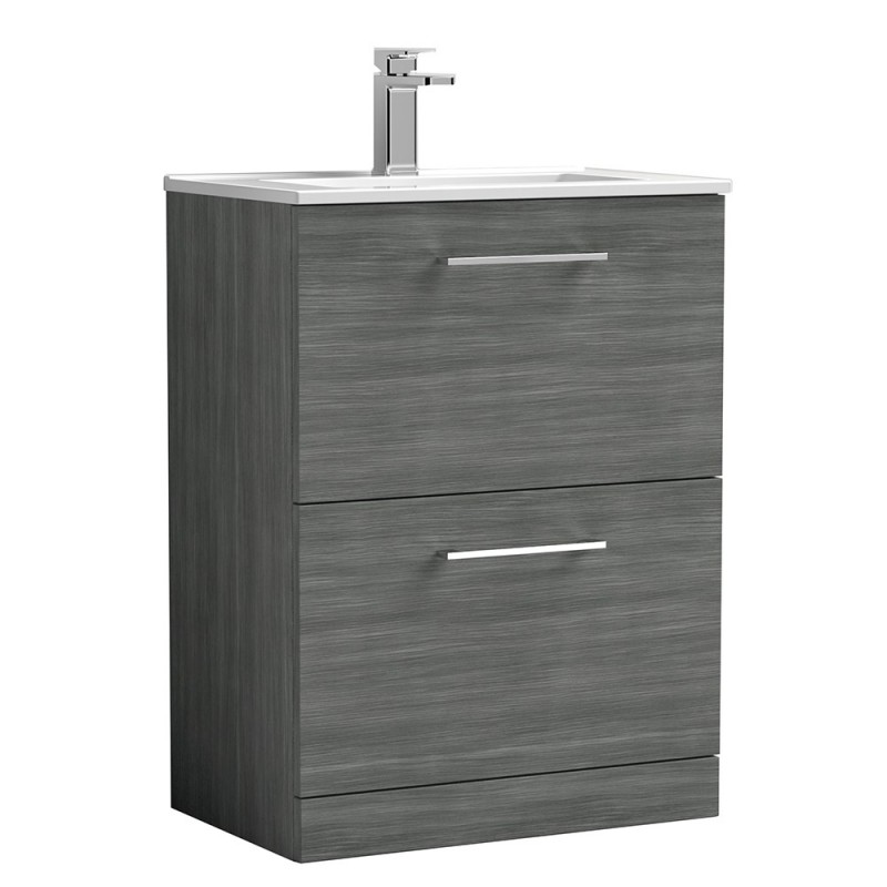 Arno 600mm Freestanding 2 Drawer Vanity Unit with Minimalist Basin - Anthracite Woodgrain Arno 600mm Freestanding 2 Drawer Vanity Unit with Minimalist Basin - Anthracite Woodgrain