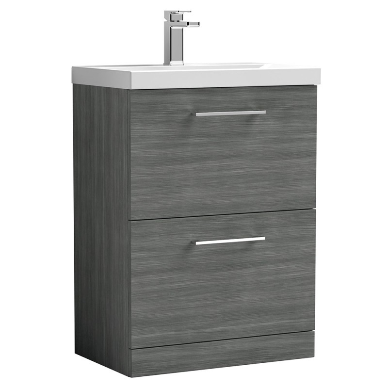 Arno 600mm Freestanding 2 Drawer Vanity Unit with Thin-Edge Basin - Anthracite Woodgrain