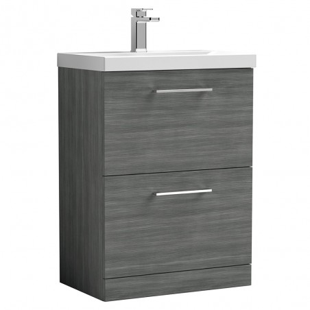 Arno 600mm Freestanding 2 Drawer Vanity Unit with Thin-Edge Basin - Anthracite Woodgrain