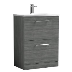 Arno 600mm Freestanding 2 Drawer Vanity Unit with Curved Basin - Anthracite Woodgrain