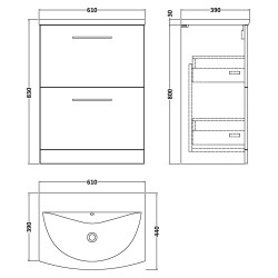 Arno 600mm Freestanding 2 Drawer Vanity Unit with Curved Basin - Anthracite Woodgrain - Technical Drawing