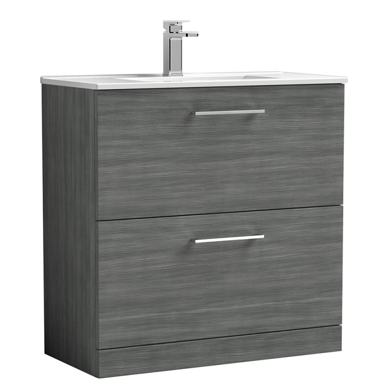 Arno 800mm Freestanding 2 Drawer Vanity Unit with Minimalist Basin - Anthracite Woodgrain Arno 800mm Freestanding 2 Drawer Vanity Unit with Minimalist Basin - Anthracite Woodgrain