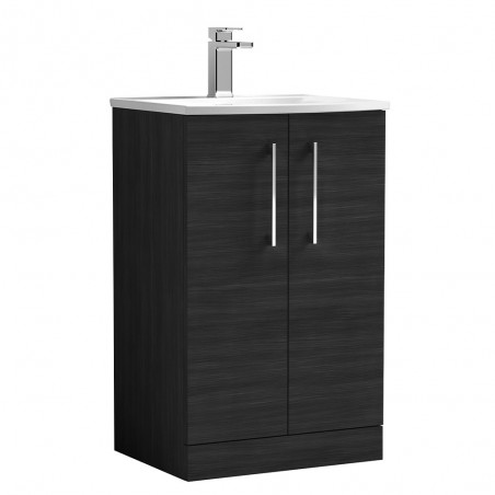 Arno 500mm Freestanding 2 Door Vanity Unit with Curved Basin - Charcoal Black Woodgrain