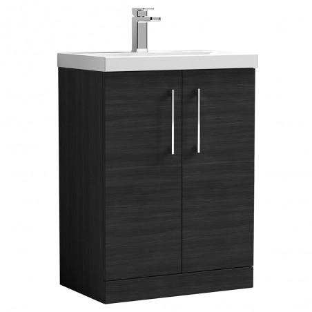 Arno 600mm Freestanding 2 Door Vanity Unit with Mid-Edge Basin - Charcoal Black Woodgrain