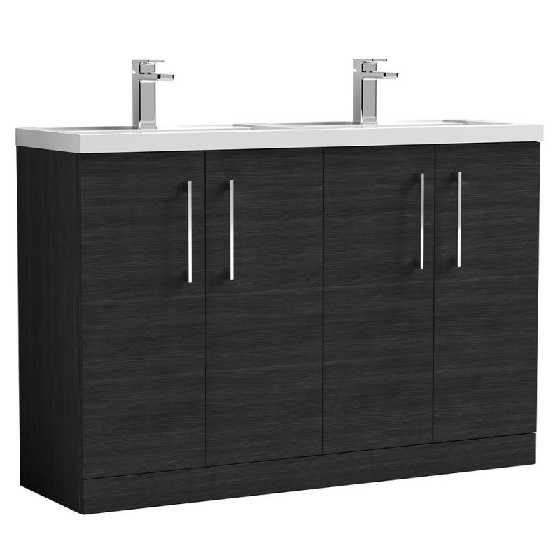 Arno 1200mm Freestanding 4 Door Vanity Unit with Double Polymarble Basin - Charcoal Black Woodgrain Arno 1200mm Freestanding 4 Door Vanity Unit with Double Polymarble Basin - Charcoal Black Woodgrain