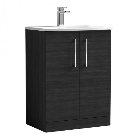 Arno 600mm Freestanding 2 Door Vanity Unit with Curved Basin - Charcoal Black Woodgrain