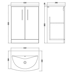 Arno 600mm Freestanding 2 Door Vanity Unit with Curved Basin - Charcoal Black Woodgrain - Technical Drawing