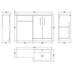 Arno 1100mm Right Hand Combination - Charcoal Black Woodgrain - Technical Drawing
