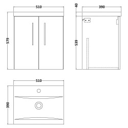 Arno 500mm Wall Hung 2 Door Vanity Unit with Mid-Edge Basin - Charcoal Black Woodgrain - Technical Drawing
