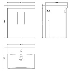 Arno 500mm Wall Hung 2 Door Vanity Unit with Thin-Edge Basin - Charcoal Black Woodgrain - Technical Drawing