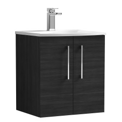 Arno 500mm Wall Hung 2 Door Vanity Unit with Curved Basin - Charcoal Black Woodgrain