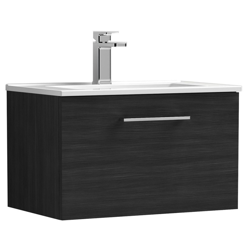 Arno 600mm Wall Hung Single Drawer Vanity Unit with Minimalist Basin - Charcoal Black Woodgrain Arno 600mm Wall Hung Single Drawer Vanity Unit with Minimalist Basin - Charcoal Black Woodgrain