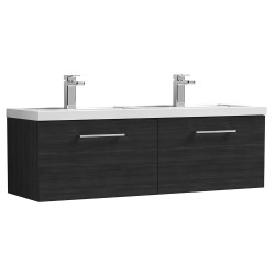 Arno 1200mm Wall Hung 2 Drawer Vanity Unit with Double Polymarble Basin - Charcoal Black Woodgrain