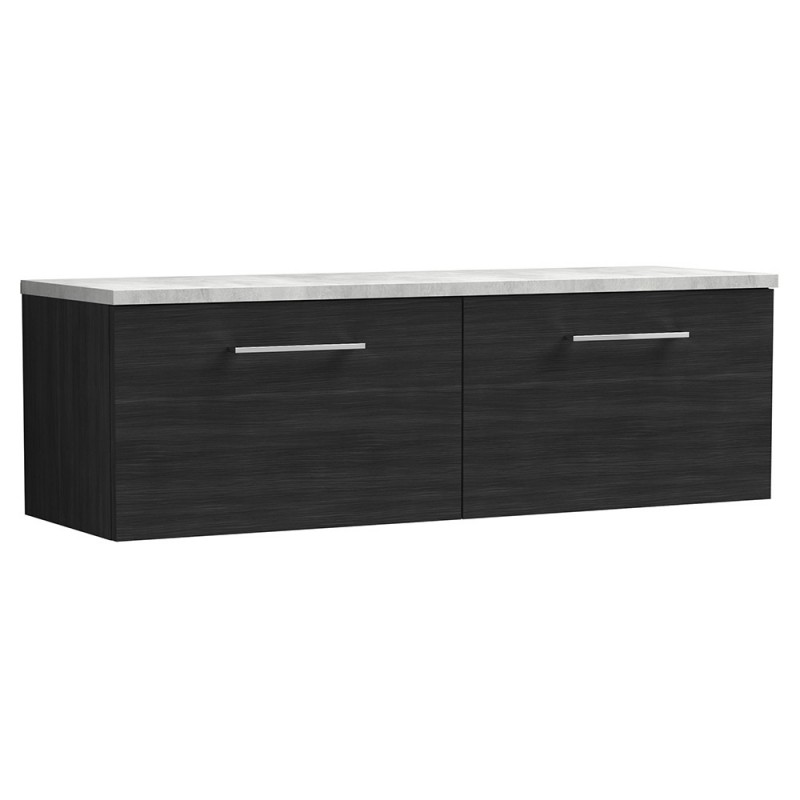 Arno 1200mm Wall Hung 2 Drawer Vanity Unit & Laminate Worktop - Charcoal Black Woodgrain/Bellato Grey Arno 1200mm Wall Hung 2 Drawer Vanity Unit & Laminate Worktop - Charcoal Black Woodgrain/Bellato Grey