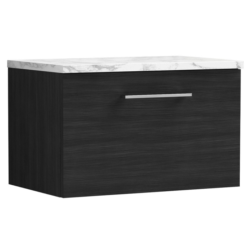 Arno 600mm Wall Hung Single Drawer Vanity Unit & Laminate Worktop - Charcoal Black Woodgrain/Carrera Marble