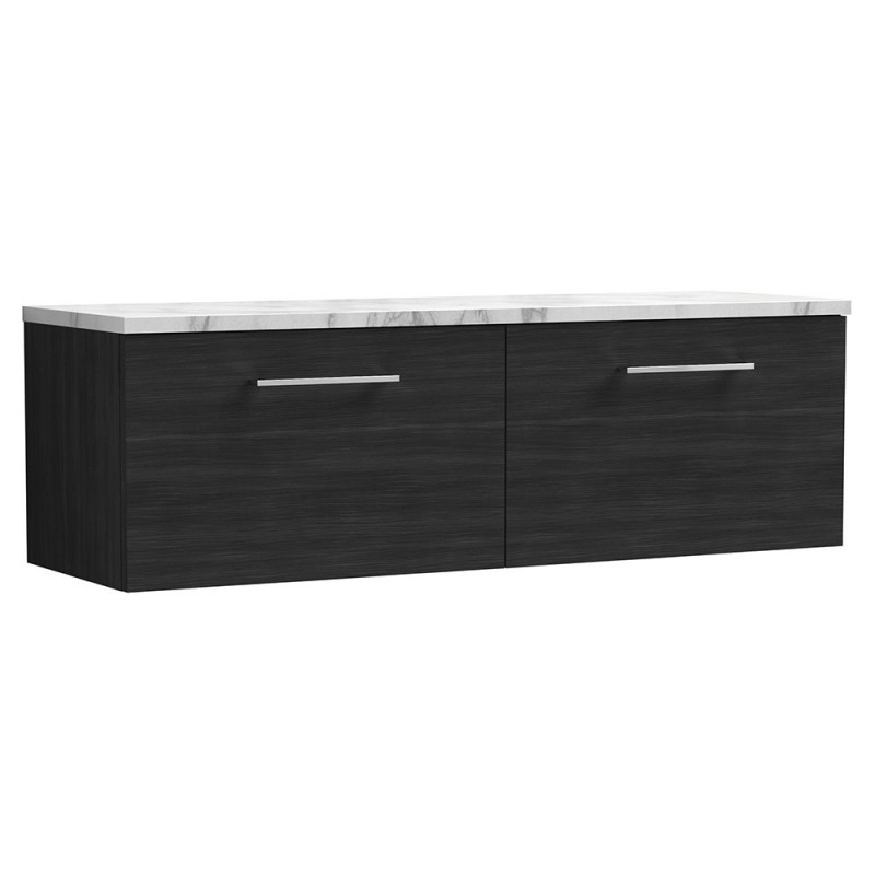 Arno 1200mm Wall Hung 2 Drawer Vanity Unit & Laminate Worktop - Charcoal Black Woodgrain/Carrera Marble Arno 1200mm Wall Hung 2 Drawer Vanity Unit & Laminate Worktop - Charcoal Black Woodgrain/Carrera Marble