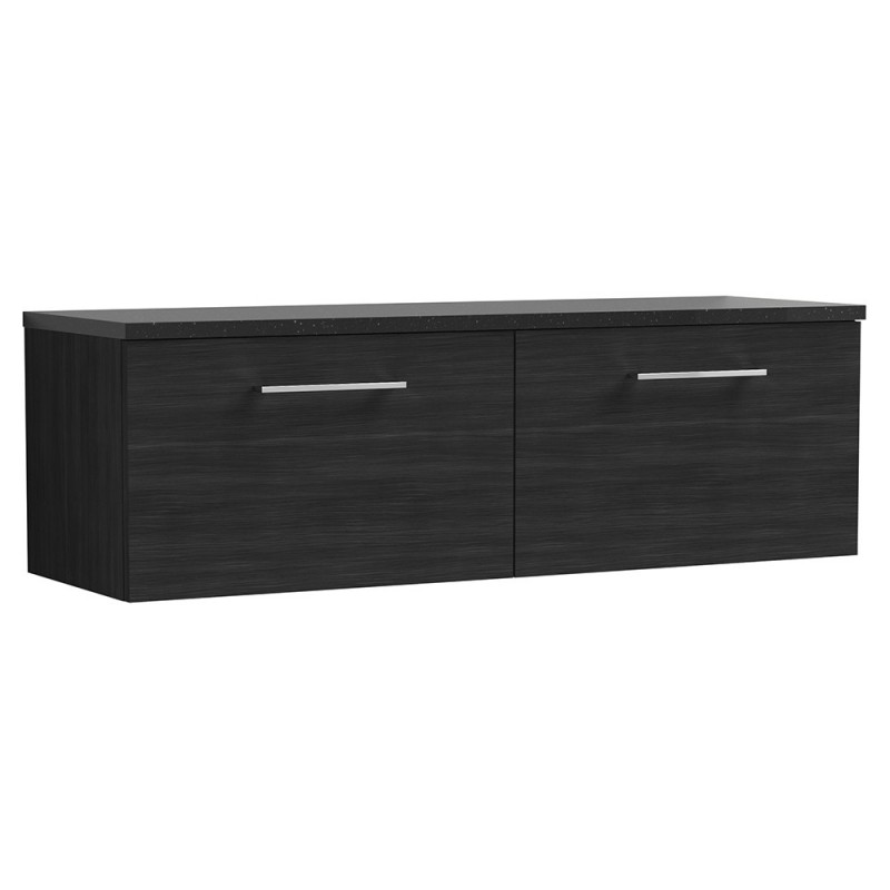 Arno 1200mm Wall Hung 2 Drawer Vanity Unit & Laminate Worktop - Charcoal Black Woodgrain/Sparkle Black Arno 1200mm Wall Hung 2 Drawer Vanity Unit & Laminate Worktop - Charcoal Black Woodgrain/Sparkle Black