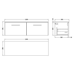 Arno 1200mm Wall Hung 2 Drawer Vanity Unit & Laminate Worktop - Charcoal Black Woodgrain/Sparkle White - Technical Drawing