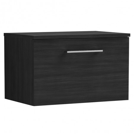 Arno 600mm Wall Hung Single Drawer Vanity Unit with Worktop - Charcoal Black Woodgrain