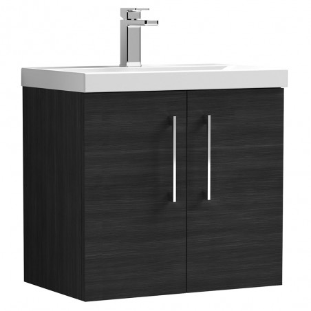 Arno 600mm Wall Hung 2 Door Vanity Unit with Mid-Edge Basin - Charcoal Black Woodgrain