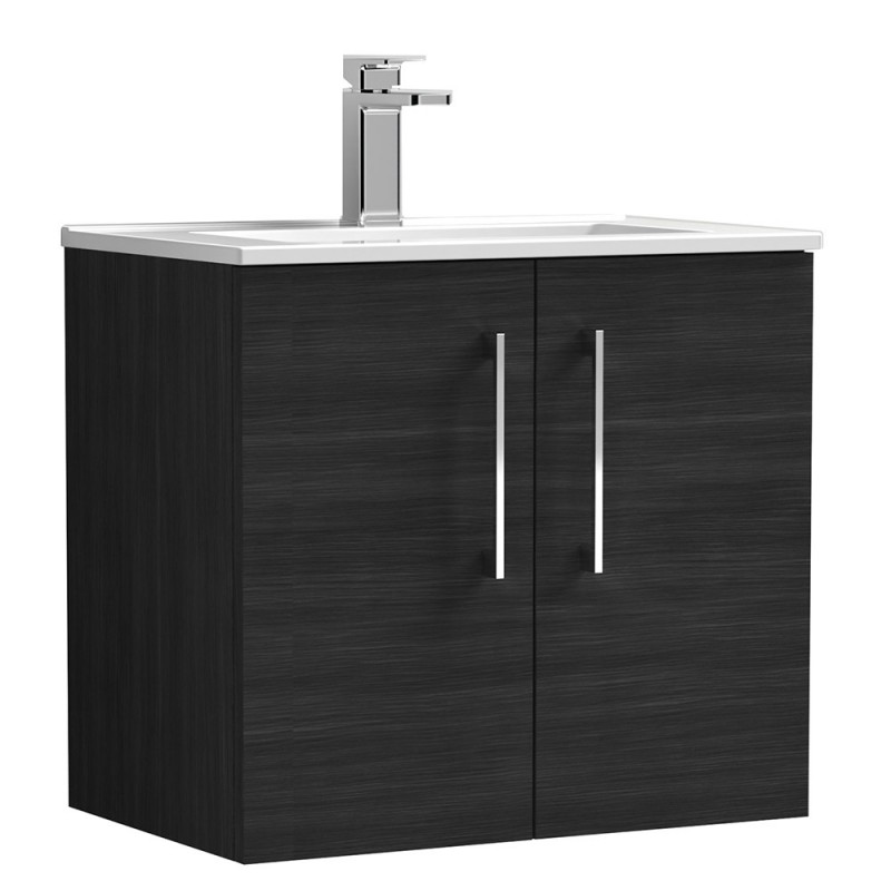 Arno 600mm Wall Hung 2 Door Vanity Unit with Minimalist Basin - Charcoal Black Woodgrain Arno 600mm Wall Hung 2 Door Vanity Unit with Minimalist Basin - Charcoal Black Woodgrain