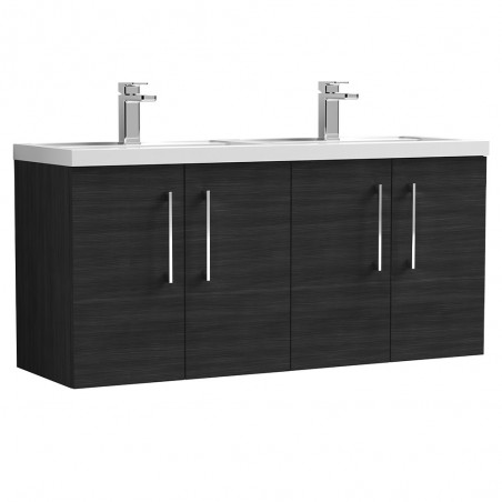 Arno 1200mm Wall Hung 4 Door Vanity Unit with Double Polymarble Basin - Charcoal Black Woodgrain