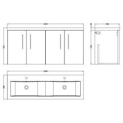 Arno 1200mm Wall Hung 4 Door Vanity Unit with Double Ceramic Basin - Charcoal Black Woodgrain - Technical Drawing
