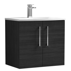 Arno 600mm Wall Hung 2 Door Vanity Unit with Curved Basin - Charcoal Black Woodgrain