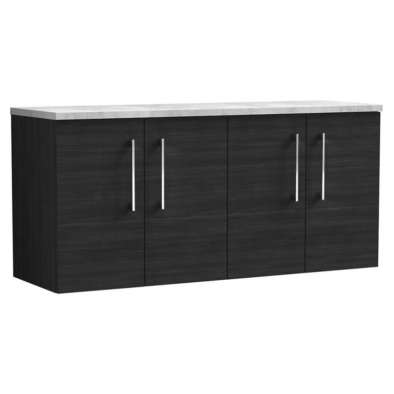 Arno 1200mm Wall Hung 4 Door Vanity Unit & Laminate Worktop - Charcoal Black Woodgrain/Bellato Grey