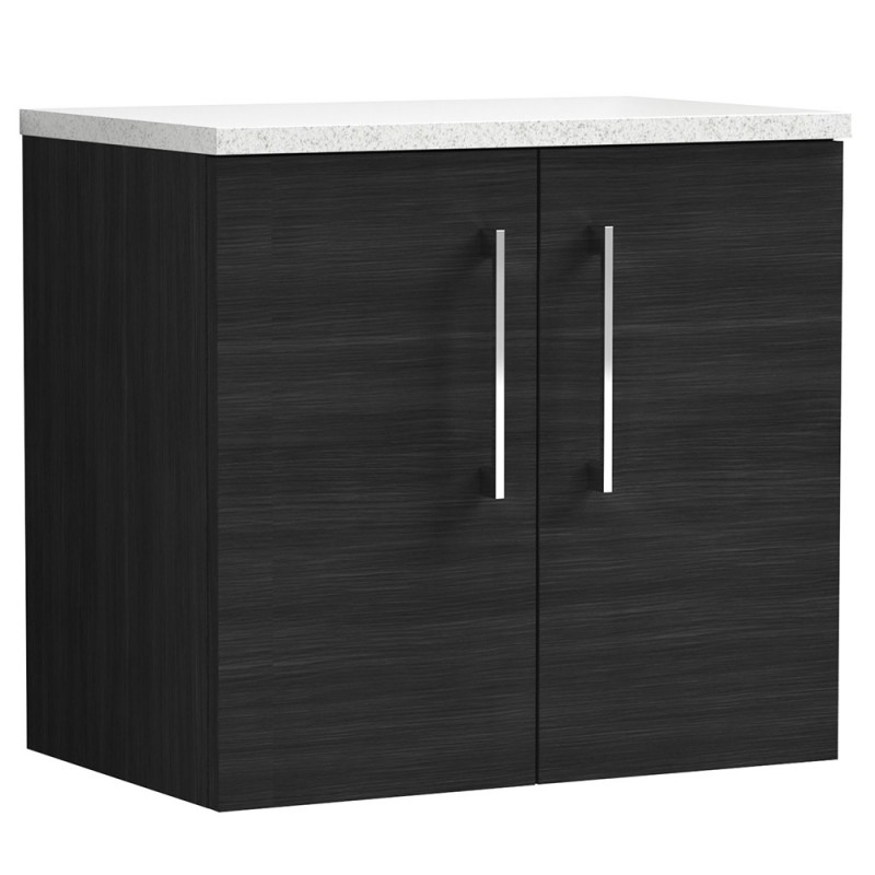 Arno 600mm Wall Hung 2 Door Vanity Unit with Laminate Top - Charcoal Black Woodgrain Arno 600mm Wall Hung 2 Door Vanity Unit with Laminate Top - Charcoal Black Woodgrain