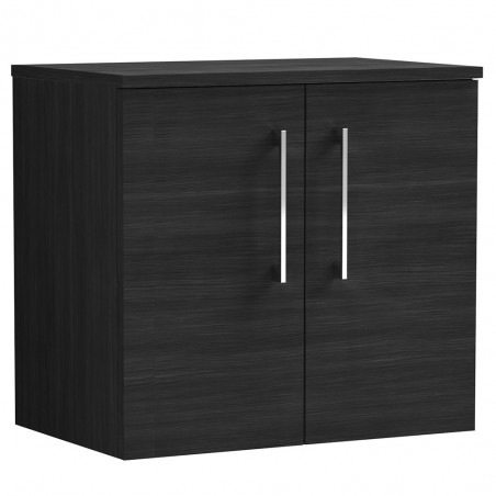 Arno 600mm Wall Hung 2 Door Vanity Unit with Worktop - Charcoal Black Woodgrain