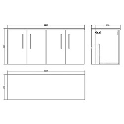 Arno 1200mm Wall Hung 4 Door Vanity Unit with Worktop - Charcoal Black Woodgrain - Technical Drawing
