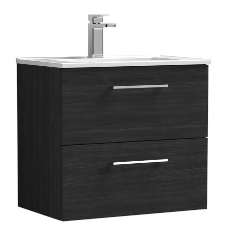 Arno 600mm Wall Hung 2 Drawer Vanity Unit with Minimalist Basin - Charcoal Black Woodgrain