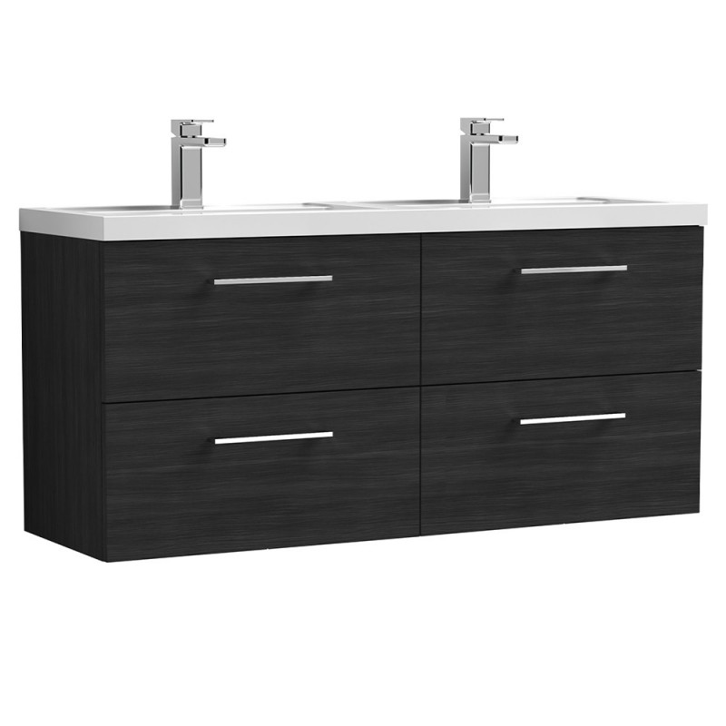 Arno 1200mm Wall Hung 4 Drawer Vanity Unit with Double Polymarble Basin - Charcoal Black Woodgrain Arno 1200mm Wall Hung 4 Drawer Vanity Unit with Double Polymarble Basin - Charcoal Black Woodgrain