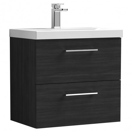 Arno 600mm Wall Hung 2 Drawer Vanity Unit with Thin-Edge Basin - Charcoal Black Woodgrain