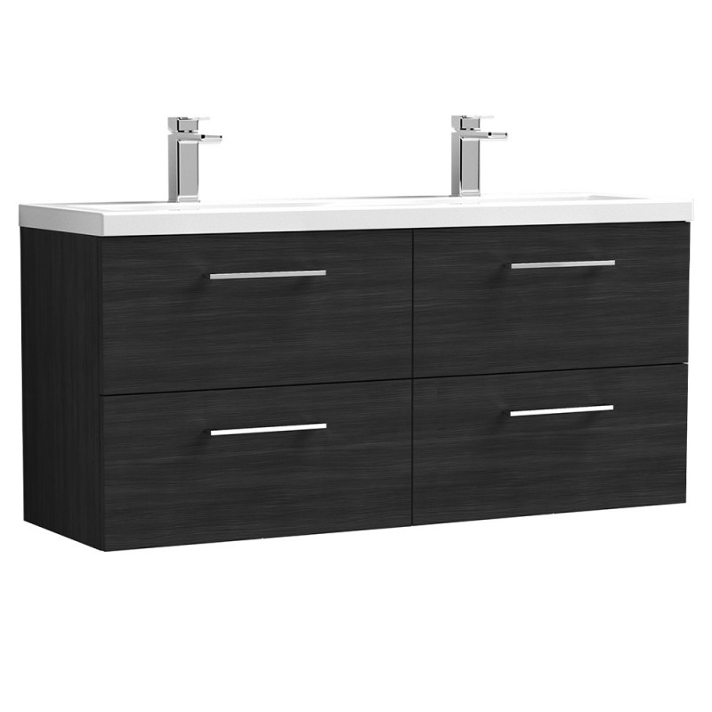 Arno 1200mm Wall Hung 4 Drawer Vanity Unit with Double Ceramic Basin - Charcoal Black Woodgrain