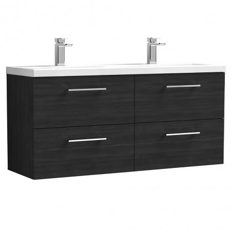 Arno 1200mm Wall Hung 4 Drawer Vanity Unit with Double Ceramic Basin - Charcoal Black Woodgrain