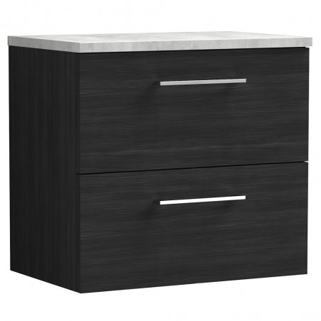 Arno 600mm Wall Hung 2 Drawer Vanity Unit with Laminate Top - Charcoal Black Woodgrain