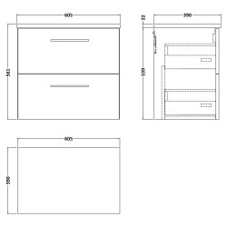Arno 600mm Wall Hung 2 Drawer Vanity Unit with Laminate Top - Charcoal Black Woodgrain - Technical Drawing