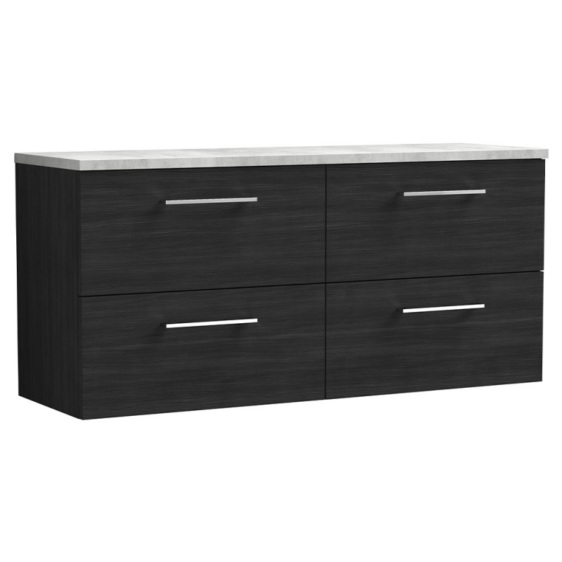 Arno 1200mm Wall Hung 4 Drawer Vanity Unit & Laminate Worktop - Charcoal Black Woodgrain/Bellato Grey Arno 1200mm Wall Hung 4 Drawer Vanity Unit & Laminate Worktop - Charcoal Black Woodgrain/Bellato Grey