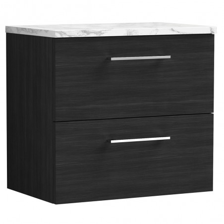 Arno 600mm Wall Hung 2 Drawer Vanity Unit & Laminate Worktop - Charcoal Black Woodgrain/Carrera Marble